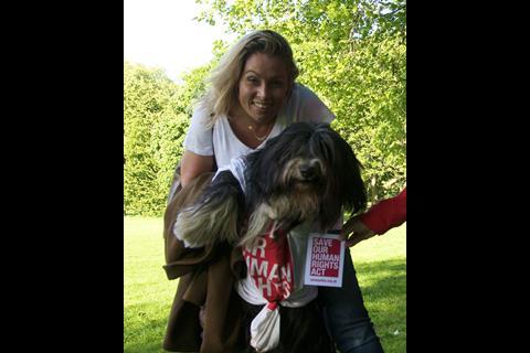Dog wearing Save Human Rights Act T-shirt, London Legal Walk 2015